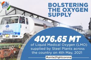  इस्पात संयंत्रों ने 4076 मीट्रिक टन तरल मेडिकल ऑक्सीजन की आपूर्ति की