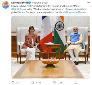   फ्रांस की विदेश मंत्री ने की प्रधानमंत्री मोदी से मुलाकात