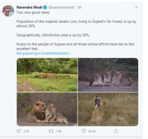 प्रधानमंत्री ने राजसी एशियाई सिंहों की बढ़ती संख्या पर प्रसन्नता व्यक्त की