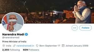  ट्विटर पर प्रधानमंत्री नरेंद्र मोदी को फॉलो करने वालों की संख्या हुई छह करोड़
