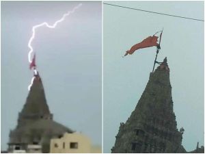  द्वारकाधीश मंदिर पर गिरी बिजली, झंडे को पहुंचा नुकसान