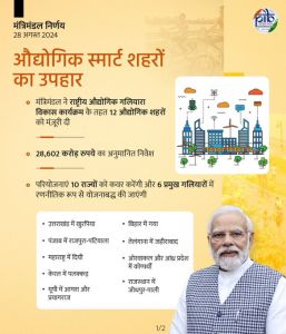  कैबिनेट ने राष्ट्रीय औद्योगिक गलियारा विकास कार्यक्रम के अंतर्गत 12 औद्योगिक नोड/शहरों को मंजूरी दी