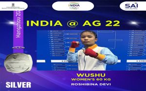  एशियाई खेलों में, रोशीबीना देवी ने वुसु के 60 किलो वर्ग में रजत पदक जीता